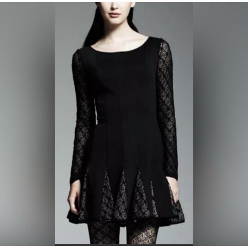 Women's Black Lace Long Sleeve Skater Dress Elegant Fit & Flare Mini Cocktail